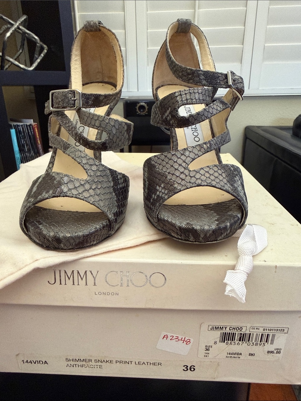 Jimmy Choo Anthracite Snake-Print Strappy Heels